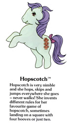 Size: 550x1000 | Tagged: safe, imported from derpibooru, hopscotch, earth pony, pony, bow, cute, female, g1, g1 backstory, hooves, hopscawwtch, mare, my little pony fact file, official, open mouth, open smile, rearing, smiling, solo, tail, tail bow, text