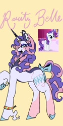 Size: 1026x2048 | Tagged: safe, artist:whimday, imported from derpibooru, rarity, pony, unicorn, alternate design, bow, ear piercing, earring, female, horn, horn ring, jewelry, mare, necklace, piercing, ring, screencap reference, solo, tail, tail bow, wristband