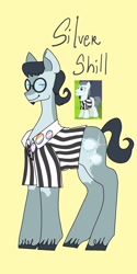 Size: 1026x2048 | Tagged: safe, artist:whimday, imported from derpibooru, silver shill, earth pony, pony, alternate design, clothes, facial hair, glasses, goatee, male, pride, pride flag, screencap reference, shirt, solo, stallion, transgender pride flag