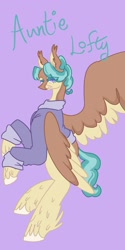 Size: 1026x2048 | Tagged: safe, artist:whimday, imported from derpibooru, auntie lofty, pegasus, pony, alternate design, clothes, female, mare, solo, unshorn fetlocks