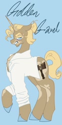 Size: 1026x2048 | Tagged: safe, artist:whimday, imported from derpibooru, golden gavel, vance van vendington, pony, unicorn, alternate design, anatomically incorrect, chest fluff, clothes, horn, incorrect leg anatomy, male, shirt, solo, stallion