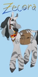 Size: 1026x2048 | Tagged: safe, artist:whimday, imported from derpibooru, zecora, zebra, alternate design, bag, ear piercing, earring, female, jewelry, necklace, piercing, saddle bag, solo