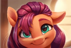 Size: 2432x1664 | Tagged: safe, derpibooru exclusive, imported from derpibooru, sunny starscout, earth pony, pony, ai content, ai generated, bust, colored eyebrows, cute, female, front view, g5, generator:pony diffusion v6 xl, generator:stable diffusion, looking at you, mare, one ear down, portrait, prompter:siber, smiling, smiling at you, solo