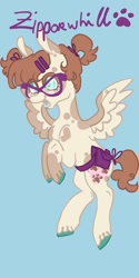 Size: 1026x2048 | Tagged: safe, artist:whimday, imported from derpibooru, zippoorwhill, pegasus, pony, alternate design, bag, belt, female, flying, glasses, hairclip, solo, spread wings, wings