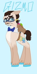 Size: 1026x2048 | Tagged: safe, artist:whimday, imported from derpibooru, gizmo, earth pony, pony, acne, alternate design, backpack, bowtie, bucktooth, facial hair, glasses, male, shirtless shirt collar, solo, stallion, unshorn fetlocks