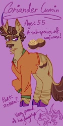 Size: 1026x2048 | Tagged: safe, artist:whimday, imported from derpibooru, coriander cumin, saffron masala, pony, unicorn, alternate design, beard, clothes, cloven hooves, curved horn, facial hair, female, goatee, horn, leonine tail, male, mare, shirt, solo focus, stallion, tail