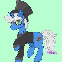 Size: 2048x2048 | Tagged: safe, imported from derpibooru, oc, oc only, oc:starstruck expanse, pony, unicorn, blue coat, clothes, cutie mark, digital art, glasses, green eyes, horn, rocket, smiling, suit, white mane