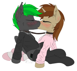 Size: 6314x5798 | Tagged: safe, artist:al solae, imported from derpibooru, oc, oc only, oc:bytewave, oc:caramel sweet, pegasus, unicorn, blushing, cheek fluff, clothes, collar, duo, duo male, ear blush, ear fluff, eyes closed, gay, hoodie, horn, kissing, leash, male, pegasus oc, simple background, socks, stallion, transparent background, unicorn oc, wings