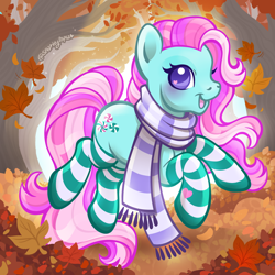 Size: 2400x2400 | Tagged: safe, artist:sparkytopia, imported from derpibooru, minty, earth pony, pony, autumn, blushing, clothes, commission, female, g3, leaves, looking at you, mare, open mouth, open smile, outdoors, pink mane, purple eyes, scarf, signature, smiling, socks, solo, striped scarf, striped socks, teal coat, ych example, your character here