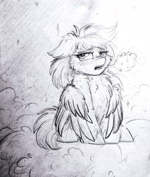 Size: 2330x2741 | Tagged: safe, artist:jehr, imported from derpibooru, rainbow dash, pegasus, pony, black and white, chest fluff, cloud, cold, ear fluff, eyelashes, female, floppy ears, fluffy, grayscale, looking at you, mare, monochrome, on a cloud, open mouth, paper, pencil drawing, sitting, sitting on a cloud, solo, sparkles, teeth, traditional art, wings, winter