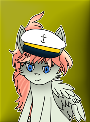 Size: 2480x3338 | Tagged: safe, artist:imaginijm, imported from derpibooru, oc, oc only, oc:tea dip, pegasus, pony, equestria at war mod, eyebrows, female, gradient background, hat, ibispaint x, mare, pegasus oc, simple background, sitting, smiling, smirk, solo, wings, yellow background