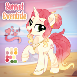 Size: 2091x2104 | Tagged: safe, artist:lovinglypromise, imported from derpibooru, oc, oc only, oc:sonnet eventide, crystal pony, pony, unicorn, beach, bracelet, cloven hooves, color palette, colored hooves, dark belly, female, gradient mane, gradient tail, green eyes, hair bun, hooves, horn, jewelry, leg stripes, lidded eyes, mare, necklace, open mouth, open smile, raised hh, raised hoof, reference sheet, smiling, solo, standing, stripes, tail, unicorn oc