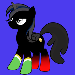 Size: 1024x1024 | Tagged: safe, artist:lyra heartstrings13, imported from derpibooru, oc, oc only, unnamed oc, pegasus, pony, avatar maker: pony, blue background, clothes, colored horn, colored wings, dark background, female, folded wings, gradient legs, gray eyes, horn, mare, mismatched mane and tail, red and black oc, simple background, socks, solo, wings