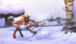 Size: 1280x741 | Tagged: safe, artist:malinraf1615, imported from derpibooru, oc, oc:leafy skies, deer, deer pony, original species, peryton, bandage, snow, snowdeer, solo, tree