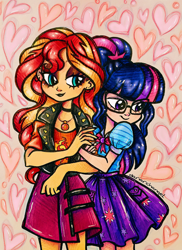 Size: 1340x1838 | Tagged: safe, artist:dariarchangel, imported from derpibooru, sci-twi, sunset shimmer, twilight sparkle, human, equestria girls, adorable face, arm in arm, bangs, bare shoulders, black eyeshadow, black lipstick, bow, choker, clothes, couple, cute, cute face, cute smile, cutie mark, cutie mark on clothes, daaaaaaaaaaaw, doodle, duo, duo female, ear piercing, earring, eyeshadow, female, geode of empathy, glasses, heart, high ponytail, hnnng, hug, human coloration, in love, jewelry, lesbian, lipstick, long hair, looking at each other, looking at someone, looking down, loving gaze, magical geodes, makeup, multicolored hair, necklace, piercing, pocket, pretty, puffy sleeves, sci-twiabetes, sci-twishimmer, shimmerbetes, shipping, shirt, shy, shy smile, skirt, smiling, smiling at each other, spikes, sunset shimmer's skirt, sunsetsparkle, sweet dreams fuel, traditional art, twiabetes, two toned hair, weapons-grade cute