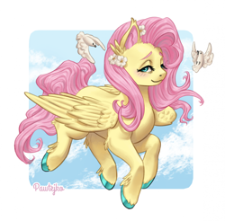 Size: 1934x1905 | Tagged: safe, artist:pawtejko, imported from derpibooru, fluttershy, bird, dove, pegasus, pony, blushing, cloud, colored hooves, female, flower, flower in hair, flying, hock fluff, hooves, lidded eyes, looking at you, mare, passepartout, signature, sky, sky background, smiling, smiling at you, solo