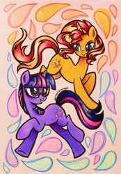 Size: 2164x3112 | Tagged: safe, artist:dariarchangel, imported from derpibooru, sci-twi, sunset shimmer, twilight sparkle, pony, unicorn, equestria girls, :d, blushing, c:, color contrast, cute, doodle, duo, duo female, equestria girls ponified, female, horn, in the air, lesbian, lidded eyes, looking at each other, looking at someone, multicolored hair, multicolored mane, multicolored tail, open mouth, open smile, opposites attract, orange coat, purple coat, purple eyes, purple smart, raised hoof, sci-twiabetes, sci-twishimmer, shimmerbetes, shipping, smiling, sunsetsparkle, tail, traditional art, twiabetes, two toned hair, two toned mane, two toned tail, unicorn sci-twi, windswept hair, windswept mane, windswept tail