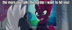 Size: 1920x804 | Tagged: safe, edit, edited screencap, imported from derpibooru, screencap, grubber, tempest shadow, pony, unicorn, my little pony: the movie, angry, armor, broken horn, caption, duo, eye scar, facial scar, faic, horn, image macro, scar, shadow the hedgehog, sonic the hedgehog (series), sonic the hedgehog 3 (film), stained glass, text