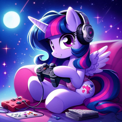 Size: 1024x1024 | Tagged: safe, imported from derpibooru, twilight sparkle, alicorn, ai content, ai generated, controller, couch, female, headphones, moon, night, prompter:bluey2309, stars, twilight sparkle (alicorn), video game