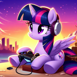 Size: 1024x1024 | Tagged: safe, imported from derpibooru, twilight sparkle, alicorn, ai content, ai generated, controller, female, headphones, prompter:bluey2309, twilight sparkle (alicorn), video game