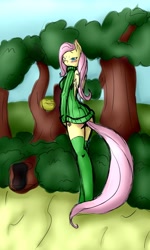 Size: 768x1280 | Tagged: dead source, safe, artist:avante92, imported from derpibooru, fluttershy, anthro, pegasus, blushing, clothes, female, solo, solo female, sweater, tree