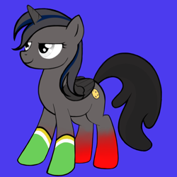 Size: 1024x1024 | Tagged: safe, artist:lyra heartstrings13, imported from derpibooru, oc, oc only, unnamed oc, pegasus, pony, avatar maker: pony, blue background, clothes, colored horn, colored wings, dark background, female, folded wings, gradient legs, gray eyes, horn, mare, mismatched mane and tail, red and black oc, simple background, socks, solo, wings