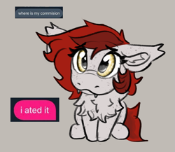 Size: 1105x960 | Tagged: safe, artist:reddthebat, imported from derpibooru, oc, oc only, oc:reddthebat, bat pony, pony, bat pony oc, bat wings, big eyes, chest fluff, ear fluff, eyebrows, eyebrows visible through hair, female, floppy ears, freckles, gray background, looking at you, looking up, looking up at you, mare, simple background, solo, text, wings