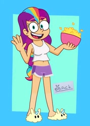 Size: 552x774 | Tagged: safe, artist:garybaldor, imported from derpibooru, sunny starscout, human, equestria girls, clothes, equestria girls-ified, food, g5, g5 to equestria girls, g5 to g4, generation leap, humanized, pajamas, popcorn, shorts, signature, slippers, waving