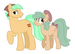 Size: 2381x1743 | Tagged: safe, artist:queertrixie, imported from derpibooru, oc, oc only, oc:apple blossom, oc:buck brashley, earth pony, pony, bandana, beret, bow, duo, female, hat, magical lesbian spawn, male, mare, next generation, offspring, parent:applejack, parent:coco pommel, raised hoof, siblings, stallion, tail, tail bow