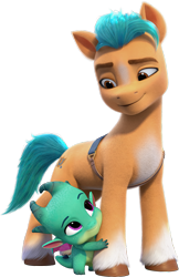 Size: 3391x5235 | Tagged: safe, imported from derpibooru, hitch trailblazer, dragon, earth pony, pony, baby, baby dragon, duo, duo male, g5, g5 brand assets, male, official, simple background, smiling, sparky sparkeroni, stallion, transparent background, unshorn fetlocks