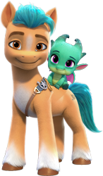 Size: 3121x5335 | Tagged: safe, imported from derpibooru, hitch trailblazer, dragon, earth pony, pony, baby, baby dragon, duo, duo male, g5, g5 brand assets, looking at you, male, official, simple background, smiling, smiling at you, sparky sparkeroni, stallion, transparent background, unshorn fetlocks