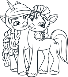 Size: 3127x3524 | Tagged: safe, imported from derpibooru, izzy moonbow, sunny starscout, earth pony, unicorn, .ai available, .svg available, bracelet, duo, duo female, female, g5, g5 brand assets, horn, hug, jewelry, lineart, mane stripe sunny, mare, official, simple background, smiling, svg, transparent background, underhoof, unshorn fetlocks, vector