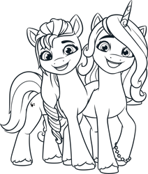 Size: 3119x3675 | Tagged: safe, imported from derpibooru, izzy moonbow, sunny starscout, earth pony, unicorn, .ai available, .svg available, bracelet, duo, duo female, female, g5, g5 brand assets, horn, jewelry, lineart, looking at you, mane stripe sunny, mare, official, open mouth, open smile, simple background, smiling, smiling at you, svg, transparent background, unshorn fetlocks, vector