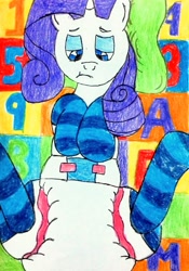 Size: 1987x2846 | Tagged: safe, artist:bitter sweetness, imported from derpibooru, rarity, unicorn, abdl, adult foal, baby mat, clothes, diaper, diaper fetish, fetish, horn, non-baby in diaper, poofy diaper, socks, striped socks, traditional art