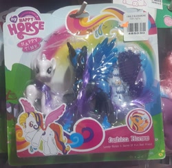 Size: 2083x2033 | Tagged: safe, imported from derpibooru, applejack, nightmare moon, rarity, alicorn, pony, unicorn, barcode, bootleg, female, g3, horn, irl, my happy horse, my happy horse: happy time, not sunny daze, photo, recolor, toy