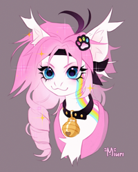 Size: 2800x3500 | Tagged: safe, artist:miurimau, imported from derpibooru, oc, oc only, ambiguous species, pony, >:3, bell, bell collar, blue eyes, bust, chest fluff, collar, ear fluff, ear tufts, femboy, feminine stallion, gift art, gradient mane, gray background, headband, male, oc name needed, portrait, simple background, solo, sparkles, sparkly mane, stallion