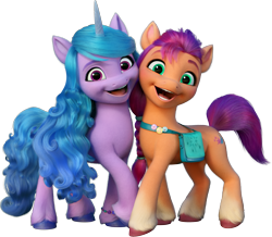 Size: 2879x2506 | Tagged: safe, imported from derpibooru, izzy moonbow, sunny starscout, earth pony, pony, unicorn, duo, duo female, female, g5, g5 brand assets, horn, looking at you, mare, my little pony: a new generation, official, open mouth, open smile, simple background, smiling, smiling at you, sunny's bag, transparent background, unshorn fetlocks