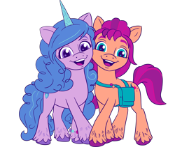 Size: 3453x2913 | Tagged: safe, imported from derpibooru, izzy moonbow, sunny starscout, earth pony, pony, unicorn, .ai available, .svg available, duo, duo female, female, g5, g5 brand assets, horn, looking at you, mare, my little pony: a new generation, official, open mouth, open smile, smiling, smiling at you, sparkles, sparkly eyes, sunny's bag, svg, unshorn fetlocks, vector, wingding eyes