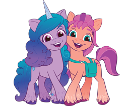 Size: 3453x2913 | Tagged: safe, imported from derpibooru, izzy moonbow, sunny starscout, earth pony, pony, unicorn, .ai available, .svg available, duo, duo female, female, g5, g5 brand assets, horn, looking at you, mare, my little pony: a new generation, official, open mouth, open smile, smiling, smiling at you, sparkles, sparkly eyes, sunny's bag, svg, unshorn fetlocks, vector, wingding eyes