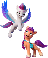 Size: 2505x3054 | Tagged: safe, imported from derpibooru, sunny starscout, zipp storm, earth pony, pegasus, pony, colored wings, duo, duo female, female, flying, g5, g5 brand assets, looking at each other, looking at someone, looking up, mare, multicolored wings, my little pony: a new generation, official, open mouth, open smile, raised leg, simple background, smiling, smiling at each other, spread wings, sunny's bag, transparent background, unshorn fetlocks, wings