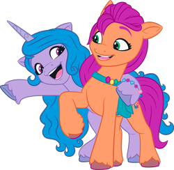 Size: 2823x2756 | Tagged: safe, imported from derpibooru, izzy moonbow, sunny starscout, earth pony, pony, unicorn, .ai available, .svg available, bracelet, duo, duo female, eye contact, female, g5, g5 brand assets, horn, jewelry, looking at each other, looking at someone, mare, my little pony: a new generation, official, open mouth, open smile, raised hoof, simple background, smiling, smiling at each other, svg, transparent background, unshorn fetlocks, vector