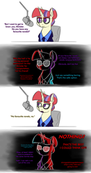 Size: 2195x4177 | Tagged: safe, artist:moonatik, imported from derpibooru, moondancer, pony, unicorn, alternate hairstyle, alternate timeline, business suit, chair, clothes, colored sketch, female, hair bun, horn, internal screaming, interview, mare, microphone, necktie, new lunar millennium, nightmare takeover timeline, sketch, solo, suit, thoughts