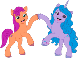 Size: 4793x3571 | Tagged: safe, imported from derpibooru, izzy moonbow, sunny starscout, earth pony, pony, unicorn, .ai available, .svg available, bracelet, duo, duo female, female, g5, g5 brand assets, hoofbump, horn, jewelry, looking at you, mare, my little pony: a new generation, official, open mouth, open smile, rearing, simple background, smiling, smiling at you, svg, transparent background, unshorn fetlocks, vector