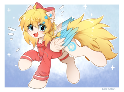 Size: 2732x2048 | Tagged: safe, artist:gale spark, imported from derpibooru, oc, oc only, pegasus, blushing, bow, braid, clothes, colored wings, ear fluff, emanata, fangs, female, hair bow, hoodie, looking at you, mare, multicolored wings, oc name needed, passepartout, pegasus oc, solo, stars, wings