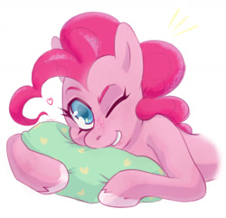 Size: 1280x1232 | Tagged: safe, artist:sunflower_polus, imported from derpibooru, pinkie pie, earth pony, pony, bust, female, grin, looking at you, lying down, mare, one eye closed, pillow, portrait, prone, simple background, smiling, solo, white background, wink