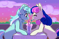 Size: 1280x853 | Tagged: safe, artist:iimb, artist:sunflower_polus, imported from derpibooru, bon bon, lyra heartstrings, sweetie drops, earth pony, pony, unicorn, collaboration, digital art, drink, drinking straw, evening, eyes closed, female, horn, lesbian, lyrabon, mare, milkshake, pixel art, sharing a drink, shipping, smiling, table