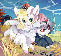 Size: 2006x1837 | Tagged: safe, artist:iimb, imported from derpibooru, oc, oc only, changeling, goat, goat pony, insect, ladybug, octopus, original species, pony, autumn, chest fluff, clothes, duo, grass, grin, hoodie, lying down, prone, sitting, smiling, water