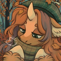 Size: 2048x2048 | Tagged: safe, artist:silly shark, imported from derpibooru, oc, oc only, pony, unicorn, autumn, autumn leaves, beret, bust, clothes, hat, high res, horn, leaf, leaves, lidded eyes, portrait, scarf, smiling, solo, unshorn fetlocks