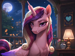 Size: 8192x6144 | Tagged: safe, imported from derpibooru, ivy, princess cadance, alicorn, pony, 4k, absurd file size, absurd resolution, ai content, ai generated, balcony, bedroom eyes, blurry background, castle, eyelashes, female, frown, g2, high res, indoors, lamp, looking at you, moon, night, plant, potted plant, prompter:molagbal, smiling, smiling at you, smirk, smug, solo, starry night, upper body