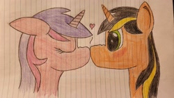 Size: 4000x2252 | Tagged: safe, artist:radiation_pony, imported from derpibooru, amethyst star, sparkler, oc, oc:radium, unicorn, boop, canon x oc, horn, kissing, lined paper, noseboop, scrunchy face, traditional art